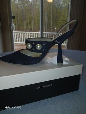 Nine West Navy Pearl-Embellished Slingback Pumps